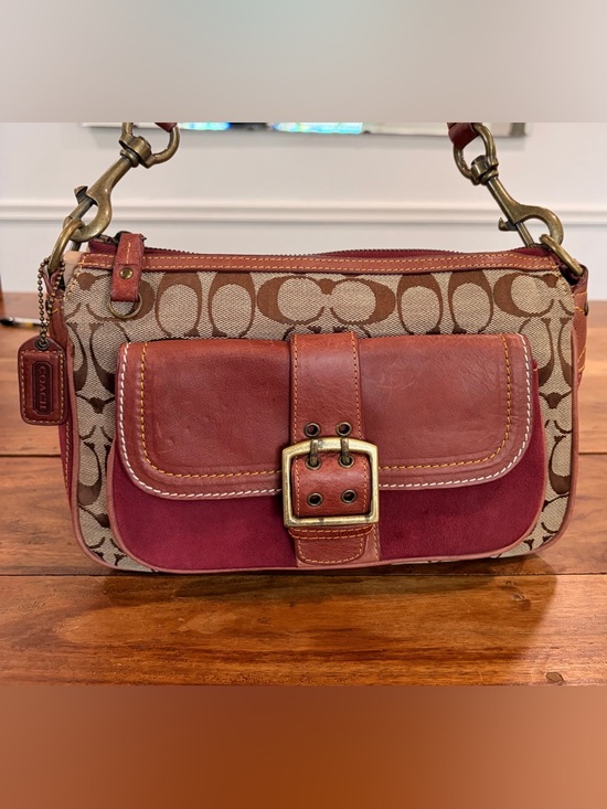 Coach Handbags - Coach Y2K Special Edition Signature Shoulder Bag Berry Suede & Red Leather